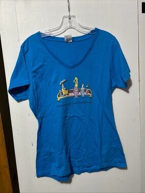 Port and Company Women's Bright Blue V-Neck Tee with Cartoon Graphic